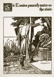 スラブ上のエウェイン卿ポウレス水、「ローンセロット卿とその仲間たちの物語」、1907年のイラスト